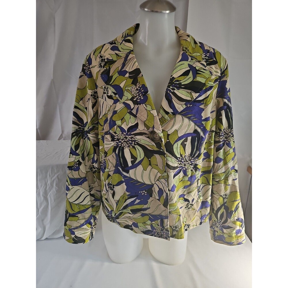RQT Women's Linen Blend Blazer SZ L Tropical Resort Cruise Jacket Floral